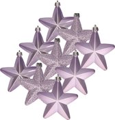 12x stuks kerstornamenten kunststof sterren kerstballen heide lila paars 7 cm