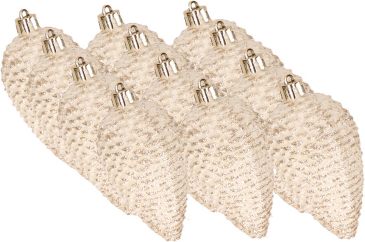 Decoris Dennenappels kersthangers - 12x st - creme wit - 8 cm - kunststof - kerstversiering Goudkleurig
