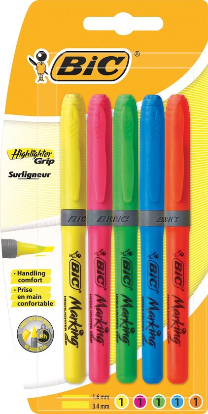 Pack de 5 surligneurs Bic Highlighter Grip Pastel - Surligneur Et