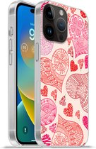 Geschikt voorApple Iphone 14 Pro Max hoesje - Een illustratie met roze en rode hartjes - Siliconen Telefoonhoesje