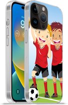 Geschikt voorApple Iphone 14 Pro - Softcase hoesje - Een illustratie van twee voetballers die een prijs hebben gewonnen - Jongens - Meisjes - Kind - Siliconen Telefoonhoesje