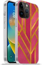Geschikt voorApple Iphone 14 Pro - Softcase hoesje - Goud - Roze - Geometrisch - Siliconen Telefoonhoesje