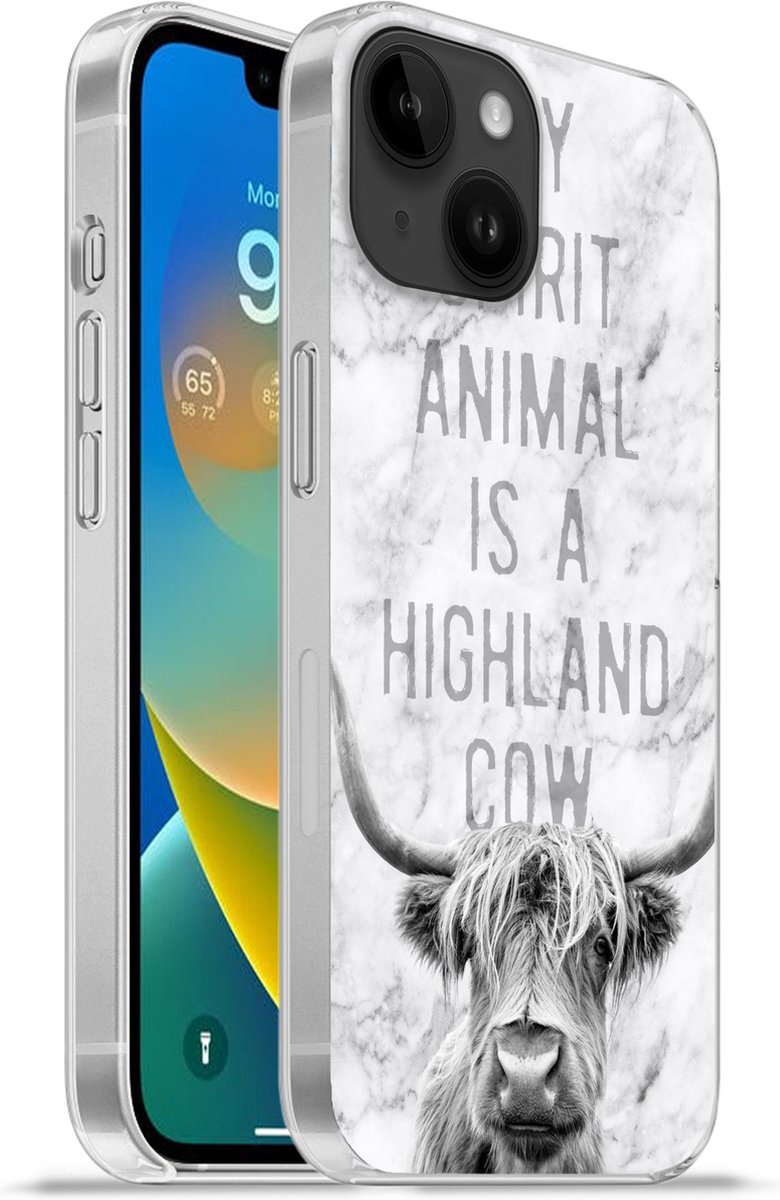 Telefoonhoesje Geschikt voor Apple Iphone 14 hoesje - Schotse hooglander - Marmer print - Quote - Siliconen Telefoonhoesje Telefoonhoesje