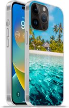 Geschikt voorApple Iphone 14 Pro - Softcase hoesje - Strand - Palmbomen - Zee - Siliconen Telefoonhoesje