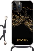 Telefoonkoord - Telefoonketting - Telefoonhoesje Geschikt voorApple Iphone 14 Pro Max - Istanbul - Kaart - Goud - Siliconen - Crossbody - Telefoonhoesje met koord