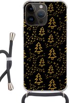 Geschikt voorApple Iphone 14 Pro - Crossbody Case - Kerst - Goud - Zwart - Patroon - Siliconen - Crossbody - Backcover met Koord - Telefoonhoesje met koord - Hoesje met touw