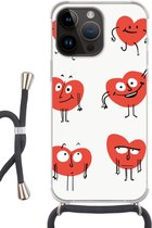 Geschikt voorApple Iphone 14 Pro - Crossbody Case - Een illustratie van negen hartjes met emoties - Siliconen - Crossbody - Backcover met Koord - Telefoonhoesje met koord - Hoesje met touw