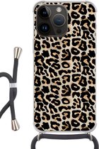 Geschikt voorApple Iphone 14 Pro - Crossbody Case - Panterprint - Bruin - Luxe - Siliconen - Crossbody - Backcover met Koord - Telefoonhoesje met koord - Hoesje met touw