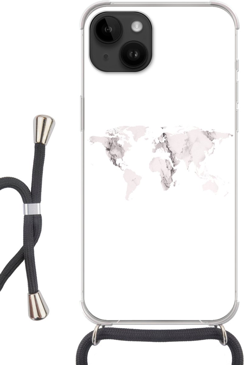 Telefoonhoesje Geschikt voor Apple Iphone 14 - Wereldkaart - Marmer print - Wit - Siliconen - Crossbody - Backcover met Koord - Telefoonhoesje met koord - Hoesje met touw Telefoonhoesje