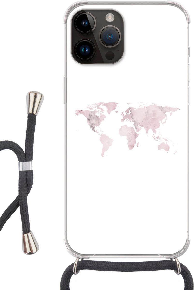 Telefoonhoesje Geschikt voor Apple Iphone 14 Pro Max - Wereldkaart - Marmer print - Roze - Siliconen - Crossbody - Backcover met Koord - Telefoonhoesje met koord - Hoesje met touw Telefoonhoesje