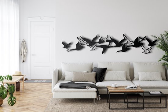Wanddecoratie | Vliegende Vogels Zwerm/ Flying Birds Flock| Metal - Wall Art | Muurdecoratie | Woonkamer | Buiten Decor |Zwart| 75x16cm