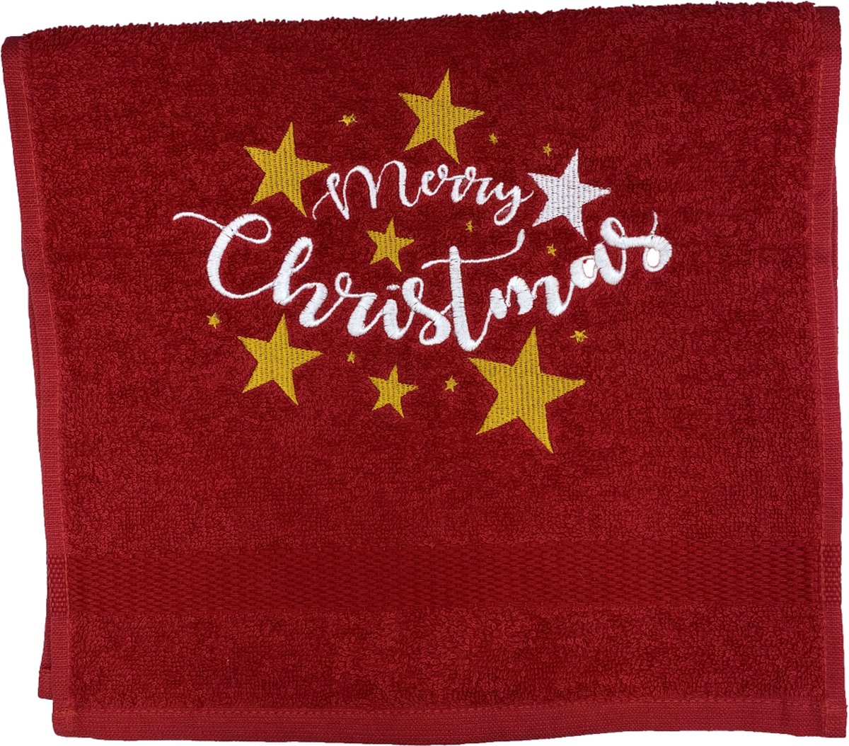 Gastendoekje - Kerst - Rood - Merry Christmas Stars - Geborduurd