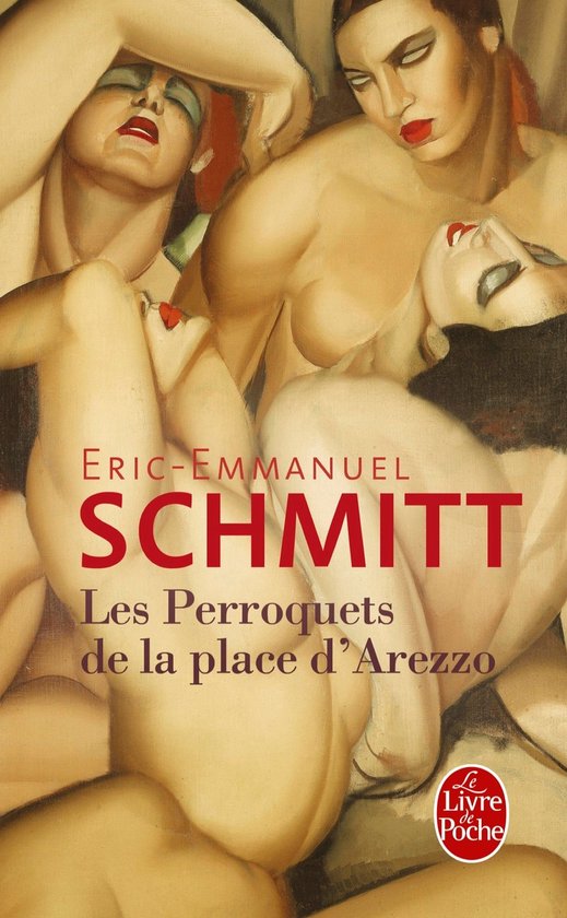 Couverture du livre 'Les Perroquets de la place d'Arezzo' par Eric-Emmanuel Schmitt. Peinture représentant des femmes.