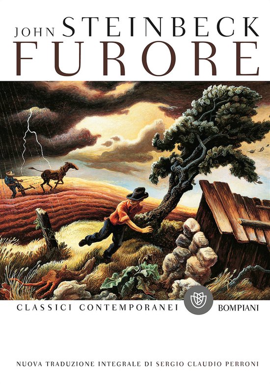 Couverture du livre 'Furore' illustrant une tempête, des chevaux, un homme tombant d'un arbre et une grange.