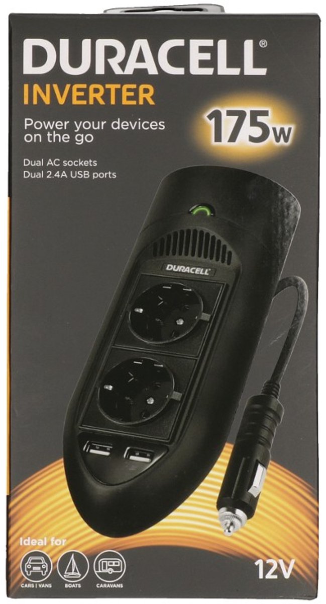 Onduleur Duracell 175W 12V Vers 230V Double Prise + USB 2.4A - Chargeur Voiture Portable Puissant
