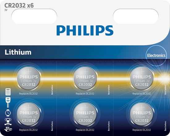 Verpakking met zes Philips CR2032 lithium 3V knoopcelbatterijen, elk met een plus-symbool en tekst.