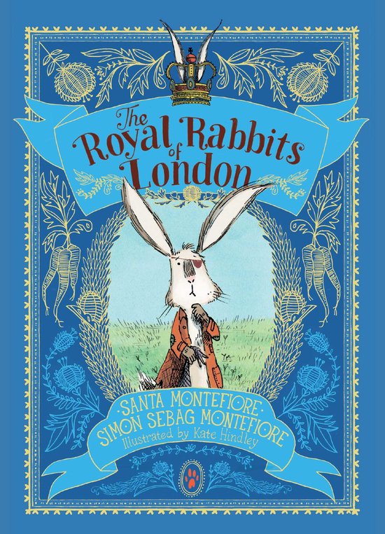 Boekcover van The Royal Rabbits of London. Een konijn met een ooglapje en een jasje. De titel is in gouden letters.