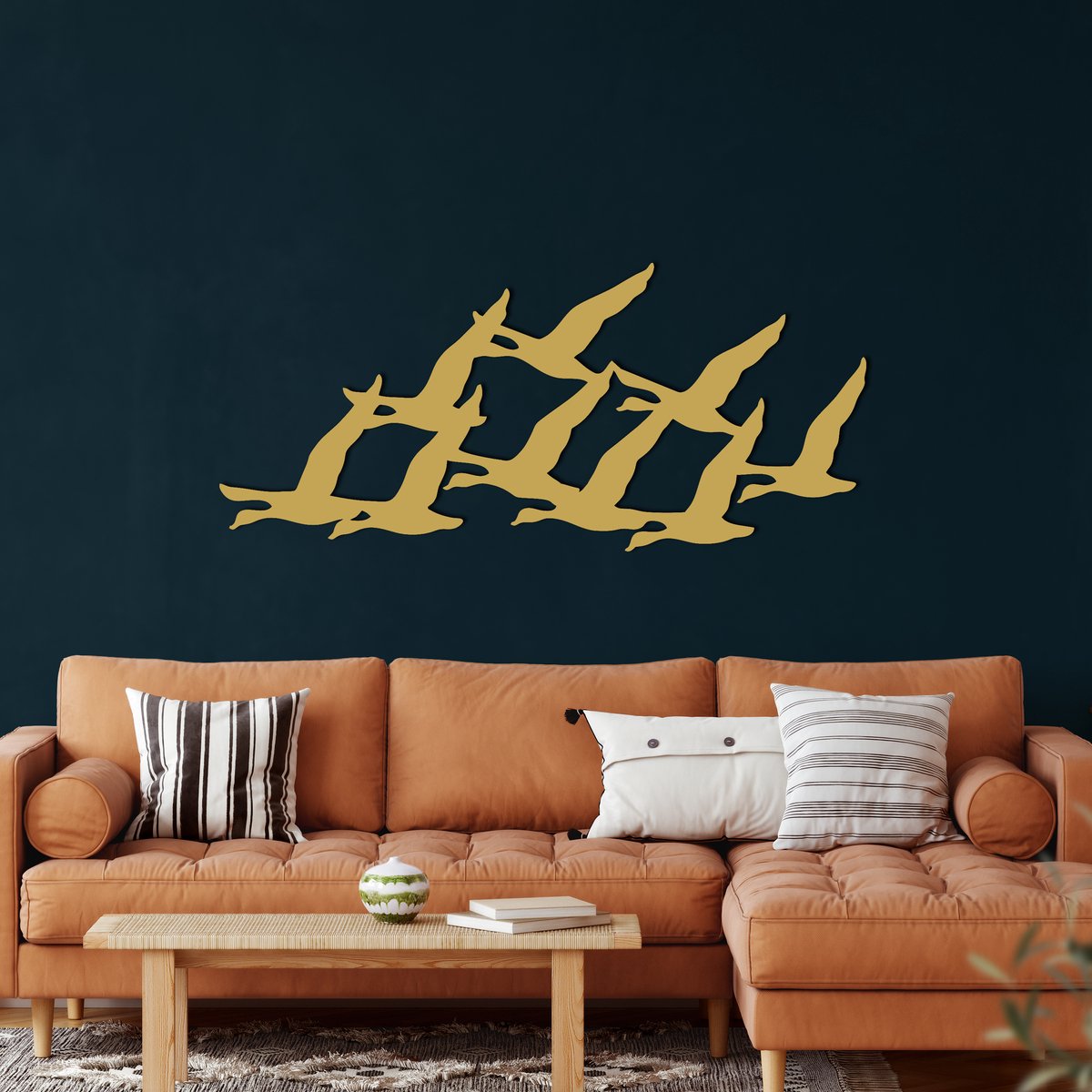 Wanddecoratie |Ganzen Kudde / Geese Flock| Metal - Wall Art | Muurdecoratie | Woonkamer | Buiten Decor |Gouden| 60x27cm