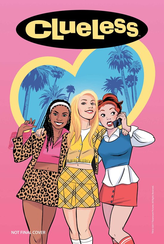 Drie vrouwen in Clueless-stijl kleding met palmbomen op de achtergrond. Een met luipaardprint jas, een in geel geruite outfit, en een met rood rokje en blauw vestje.