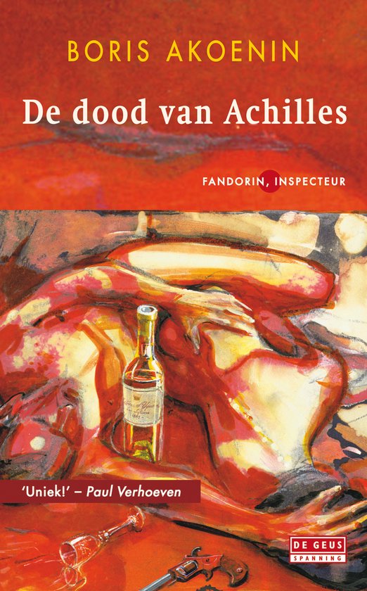 Boekcover met rode en oranje tinten, met tekst 'Boris Akoenin De dood van Achilles'.