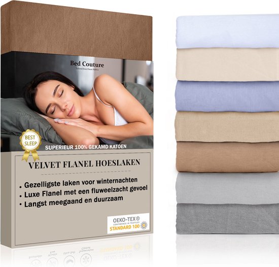 Bed Couture Velvet Flanel Hoeslaken - 100%  Gekamd Katoen - Hoek 25cm - Eenpersoons 80x200 cm -  Cappucino