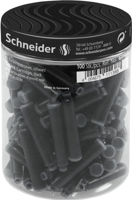 Pot met 100 zwarte Schneider inktpatronen. De pot heeft een zwart deksel met golvend patroon en tekst.