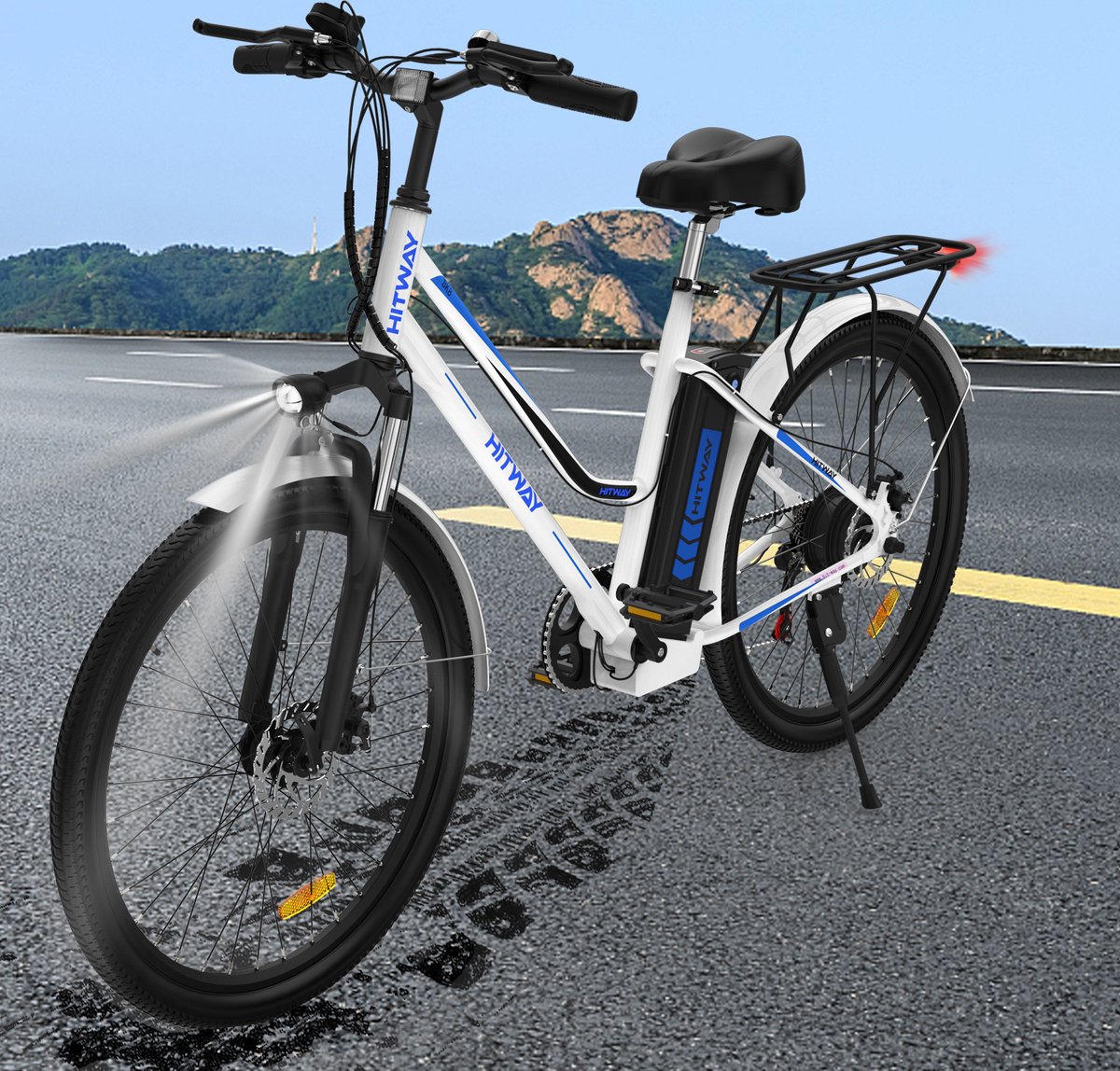 Hitway 26 inch e bike elektrische fiets voor en pedelec stadsfietsen 250 W motor 36 V 11 2 Ah e bike Shi o 7 versnellingen 35 90 km| Wit Blauw