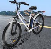 HITWAY 26 inch e-bike, elektrische fiets voor heren en dames, pedelec stadsfietsen, 250 W motor, 36 V/11,2 Ah e-bike, Shimano 7 versnellingen, 35-90 km| Wit / Blauw