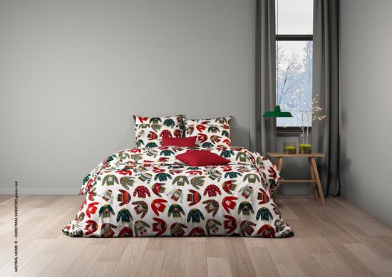 Mistral Home - Housse de couette - Flanelle 100% coton - 260x240+2x65x65cm - Pulls de Noël - Noël - Wit rouge