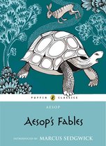 Boekomslag met een schildpad en een haas, omringd door blauwe bomen en bloemen. Puffin Classics. Aesop's Fables.