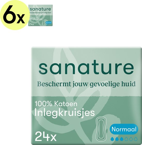 Sanature 100% katoenen - Inlegkruisjes Normaal - 6 x 24 stuks - Natuurlijk & voor de gevoelige huid - Ideaal om mee te nemen