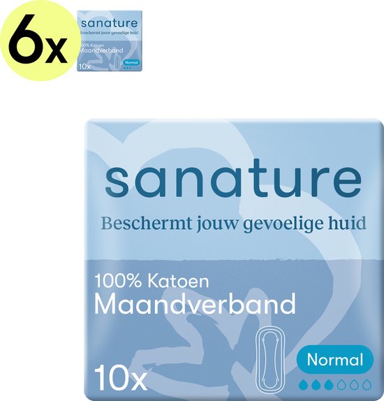 Sanature 100% Katoenen Maandverband - Normaal zonder vleugels - 6 x 10 stuks - Natuurlijk & geschikt voor de gevoelige huid