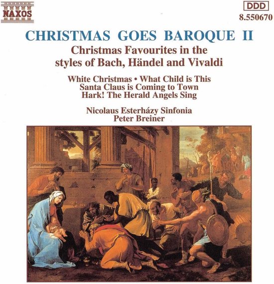 Een schilderij van de geboorte van Christus met Maria, Jozef en de wijzen, met de titel 'CHRISTMAS GOES BAROQUE II'.