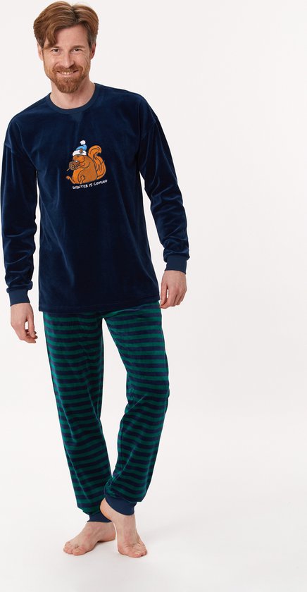 Woody pyjama velours jongens/heren - donkerblauw-groen gestreept - eekhoorn  -... | bol.com