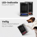 Twee zwarte verwarmingen. Een met rode LED-indicatie voor warm, de ander met blauwe LED-indicatie voor koud. Veilige automatische stop.
