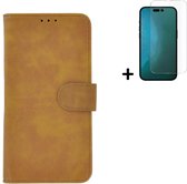 iPhone 14 Pro Hoesje - Bookcase - iPhone 14 Pro Screenprotector - Pu Leder Wallet Book Case Bruin Cover + Screenprotector