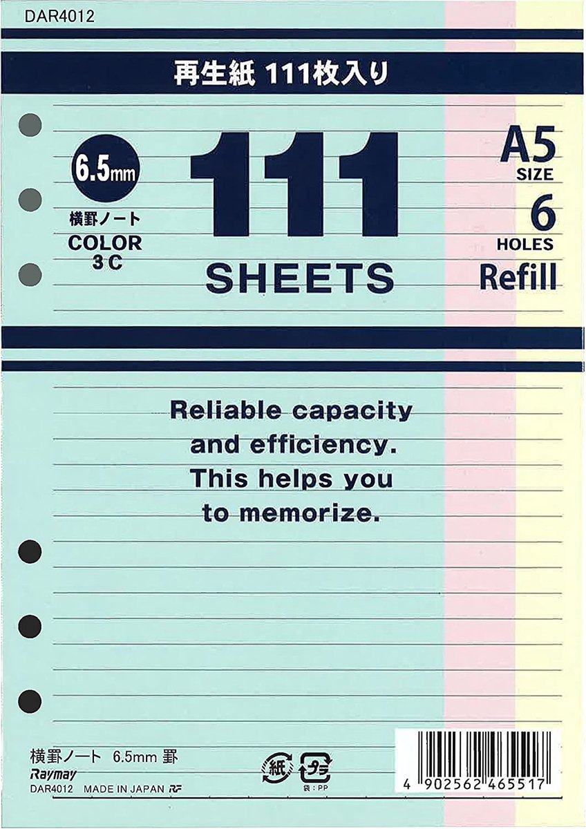 Aanvulling / Navulling 111 Vel = 222 Pagina’s Smal Gelinieerd 3 Kleuren Papier voor o.a. A5 Kalpa, Filofax (Clipbook) Organizers