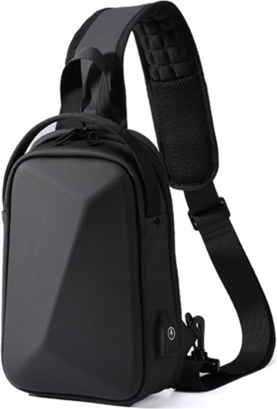 Volnerf Lederen Crossbody Sling Tas Borst Rugzak Outdoor Reizen Wandelen Sport Daypacks, Zwart-groot, L
