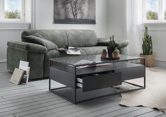 Moderne Glazen salon tafel met 2 laden zwart 110cm