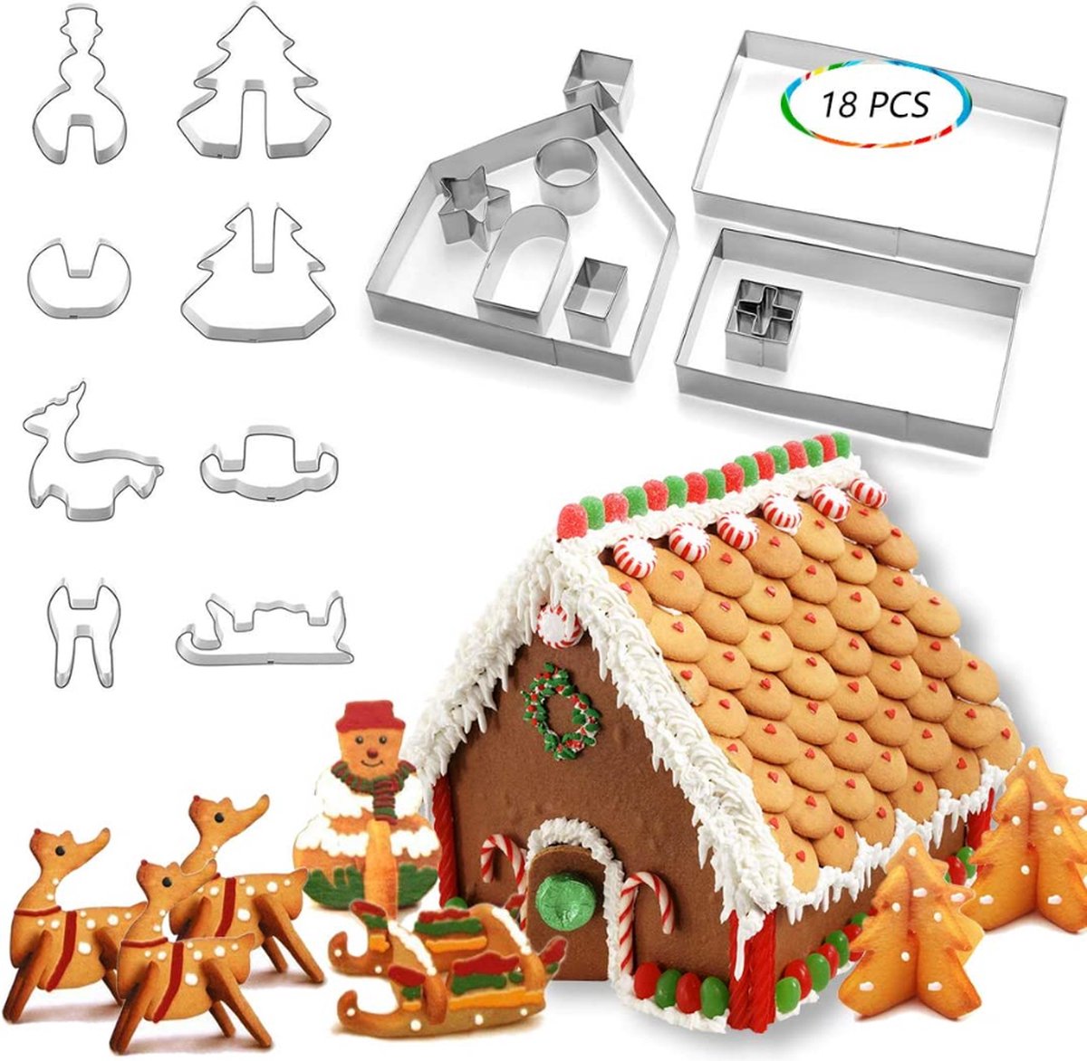 Koekjessnijder – Kerstmis - Kerst Gingerbread House - Roestvrijstalen Koekjessnijder Set 18 stuks - DIY Bakvorm – Kersthuis - Voor Koekjes Bakken - Keuken Accessoires