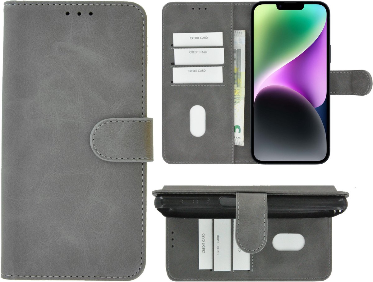 Geschikt voor iPhone 14 Hoesje - Bookcase - Pu Leder Wallet Book Case Grijs Cover