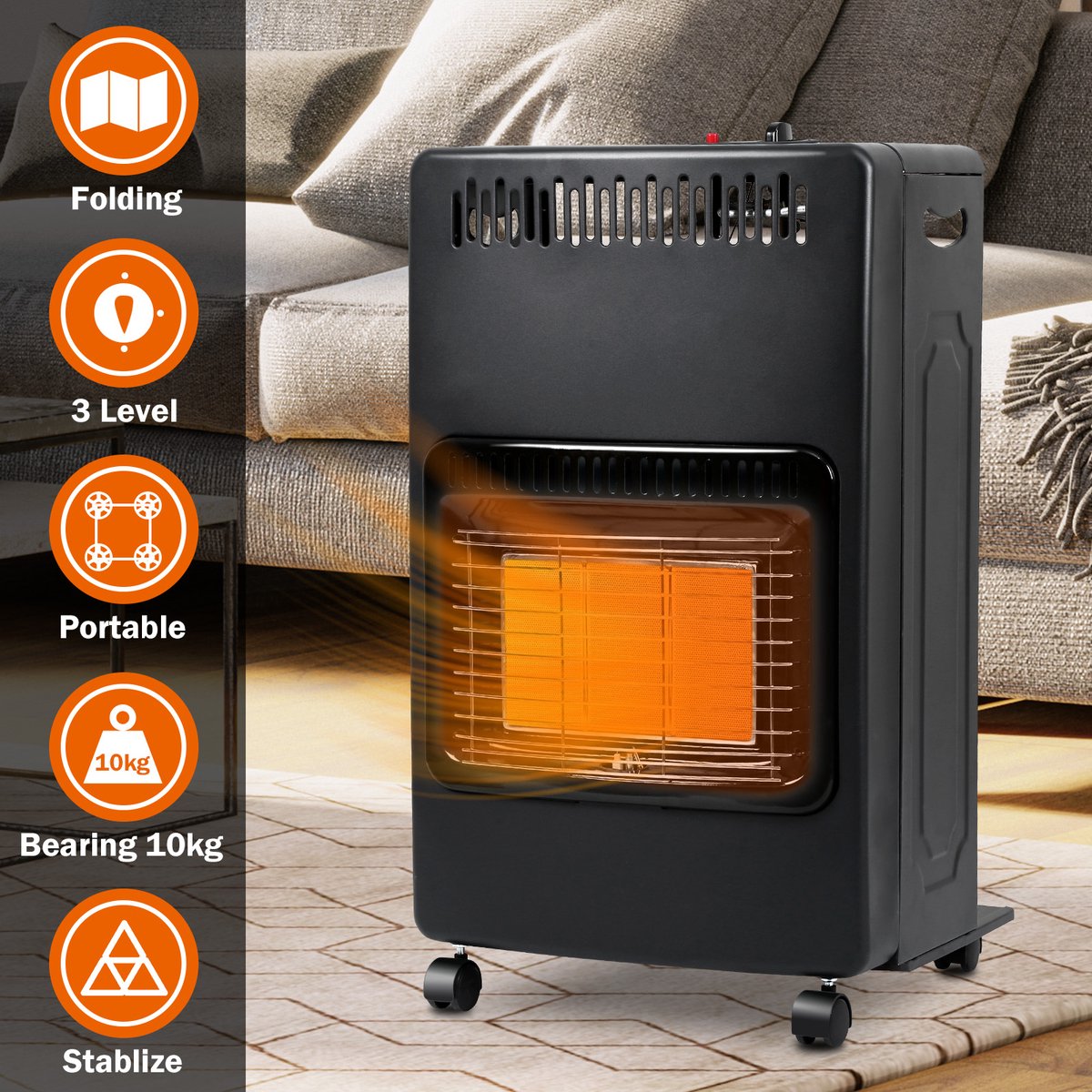 KAMINER Opvouwbare Gaskachel 4200W – Met Wielen & Slang