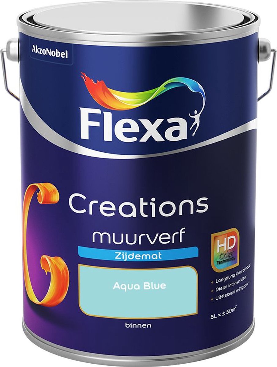 Flexa | Creations Muurverf Zijdemat | Aqua Blue - Kleur van het jaar 2004 | 5L