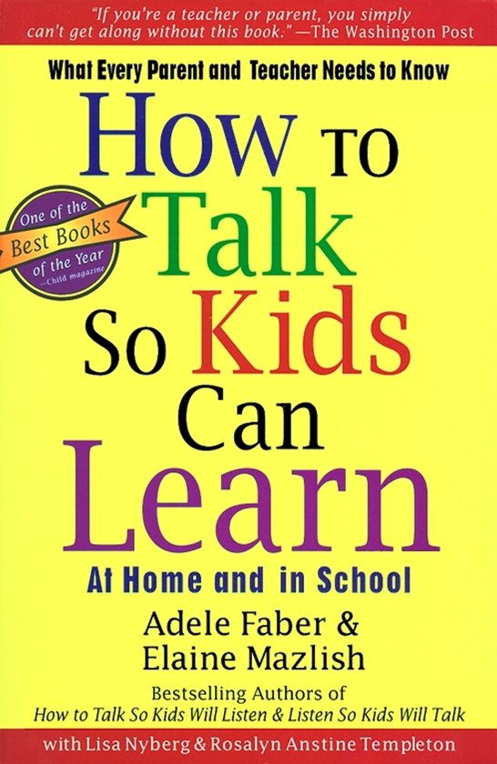 Boek "How To Talk So Kids Can Learn" met gele achtergrond en tekst in blauw, groen, rood en paars. "One of the Best Books of the Year".