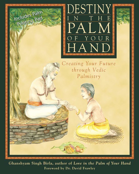 Boekomslag 'Destiny in the Palm of Your Hand': illustratie van een wijze die de hand van een jongeman leest. Inclusief stempelkussen.