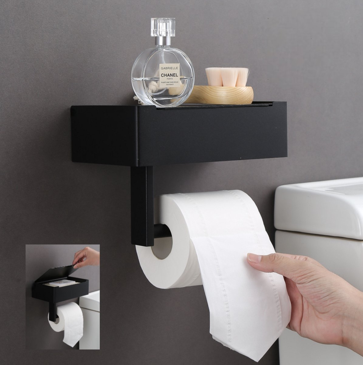Toiletrolhouder - WC-rolhouder - XL Opbergvak - met of zonder boren