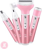J.E Ladyshave Vrouw – 4-in-1 Scheerapparaat voor Vrouwen – Gezicht, Bikinilijn, Oksels & Wenkbrauwen – Waterdicht – Draadloos – Inclusief Opzetstukken