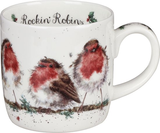 Wit keramiek, met een illustratie van drie schattige roodborstjes op een tak. De tekst 'Rockin' Robins' staat op de binnenrand.