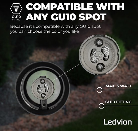 Close-up van GU10 fitting, max 5 watt, compatibel met elke GU10 spot.