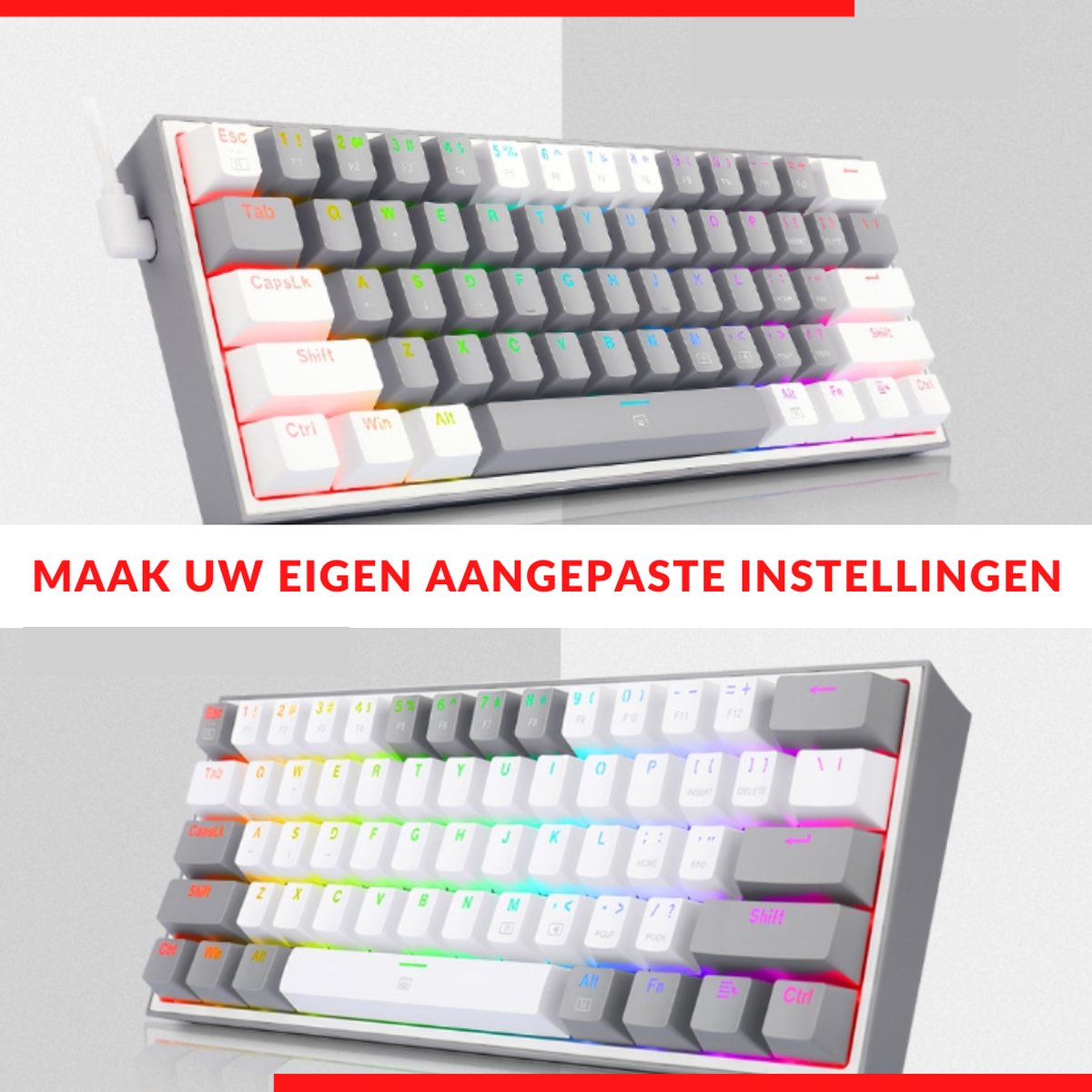 RK61 Gaming Keyboard Wit - RGB Verlichting - Hot-Swappable - Ergonomisch Mechanisch Gaming Toetsenbord - USB - Afneembare kabel - Wit/Grijs